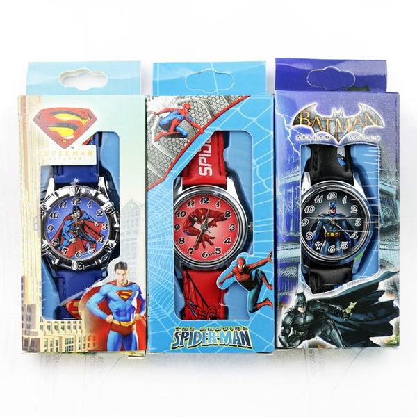 Children's Cartoon Spiderman Kids Watch Batman Supreman Child Watch Boys Leather Strap Quartz Watch With Box Reloj Nino Boy Gift