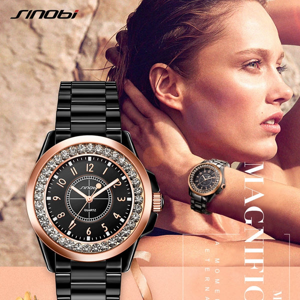 SINOBI Fashion Women Diamonds Wrist Watches Imitation Ceramics Watchband Top Luxury Brand Dress Ladies Geneva Quartz Clock 2019