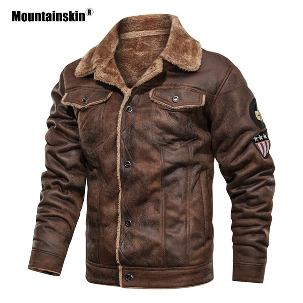 Mountainskin Winter Men's Coat FashionSuede Fur Lapel Motorcycle Biker Jacket Warm Thick Fleece Windproof Jackets Male SA883