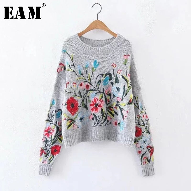 [EAM] 2020 Spring Autumn Round Neck Long Sleeve Flower Embroidered Knitting Warm Loose Sweater Pollovers Women Fashion V74702