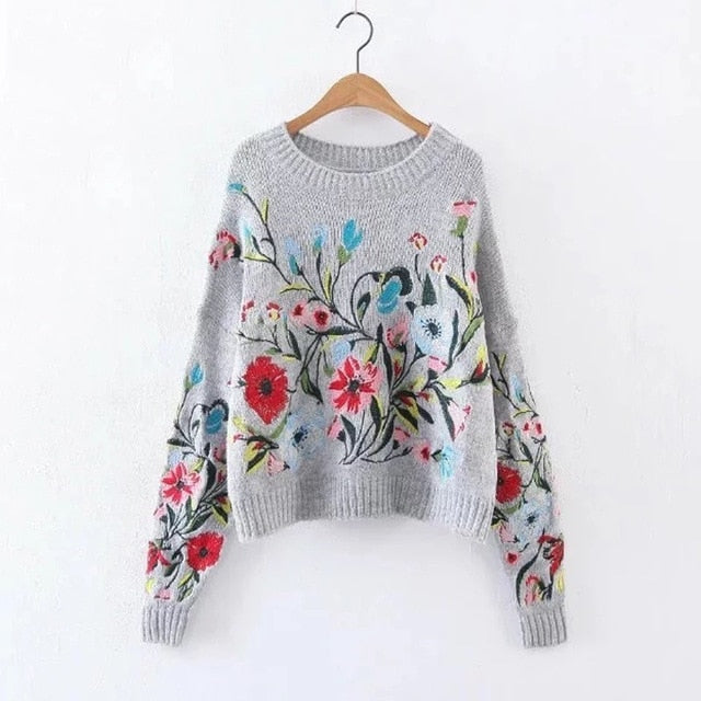[EAM] 2020 Spring Autumn Round Neck Long Sleeve Flower Embroidered Knitting Warm Loose Sweater Pollovers Women Fashion V74702