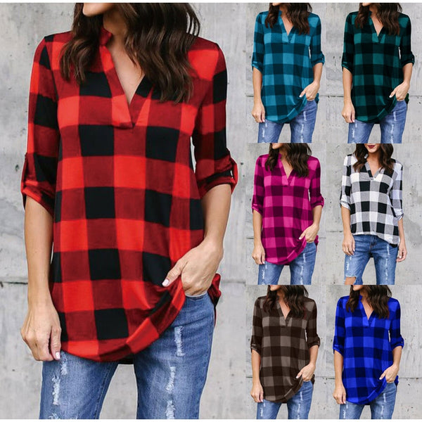 Plaid Women's Vintage Blouses Plus Size 5XL Check Top V Neck Long Sleeve Female Tops 2020 Spring Summer Loose Casual Lady Blouse