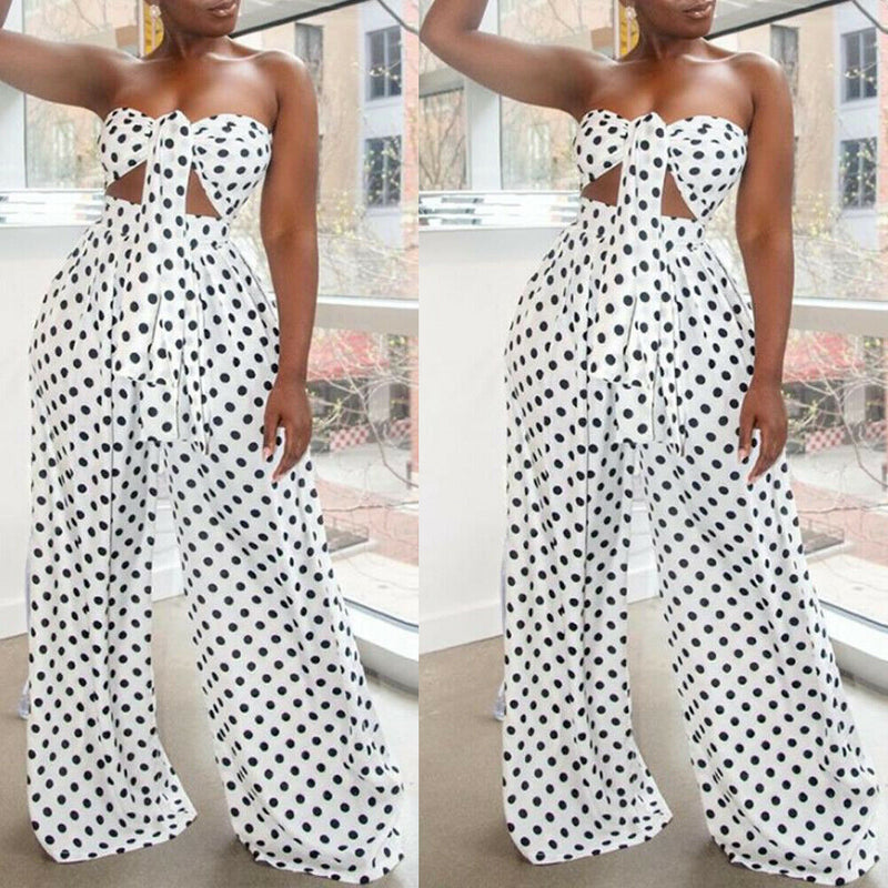 2 stuk Outfits voor Vrouwen Polka Dot Knoop Voor Strapless Bandeau Crop Top Wijde Pijpen Lange Broek Zomer Strand Jumpsuits